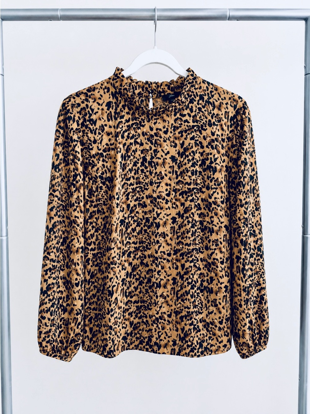 J.Crew Long-Sleeve Ruffle-Neck Top in Leopard 365 Crepe